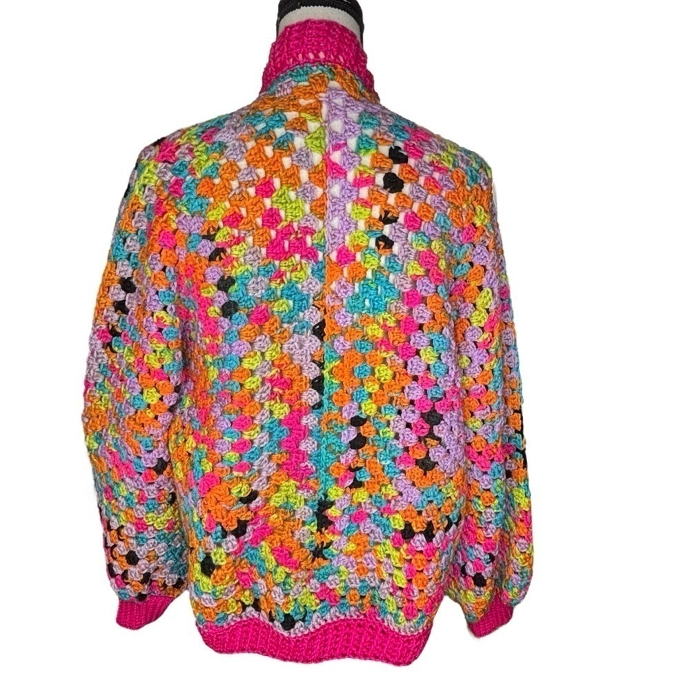Handcrafted Crochet Hexagon Cardigan Sweater Open Front Wide Sleeve 2 Pockets - Picture 15 of 16